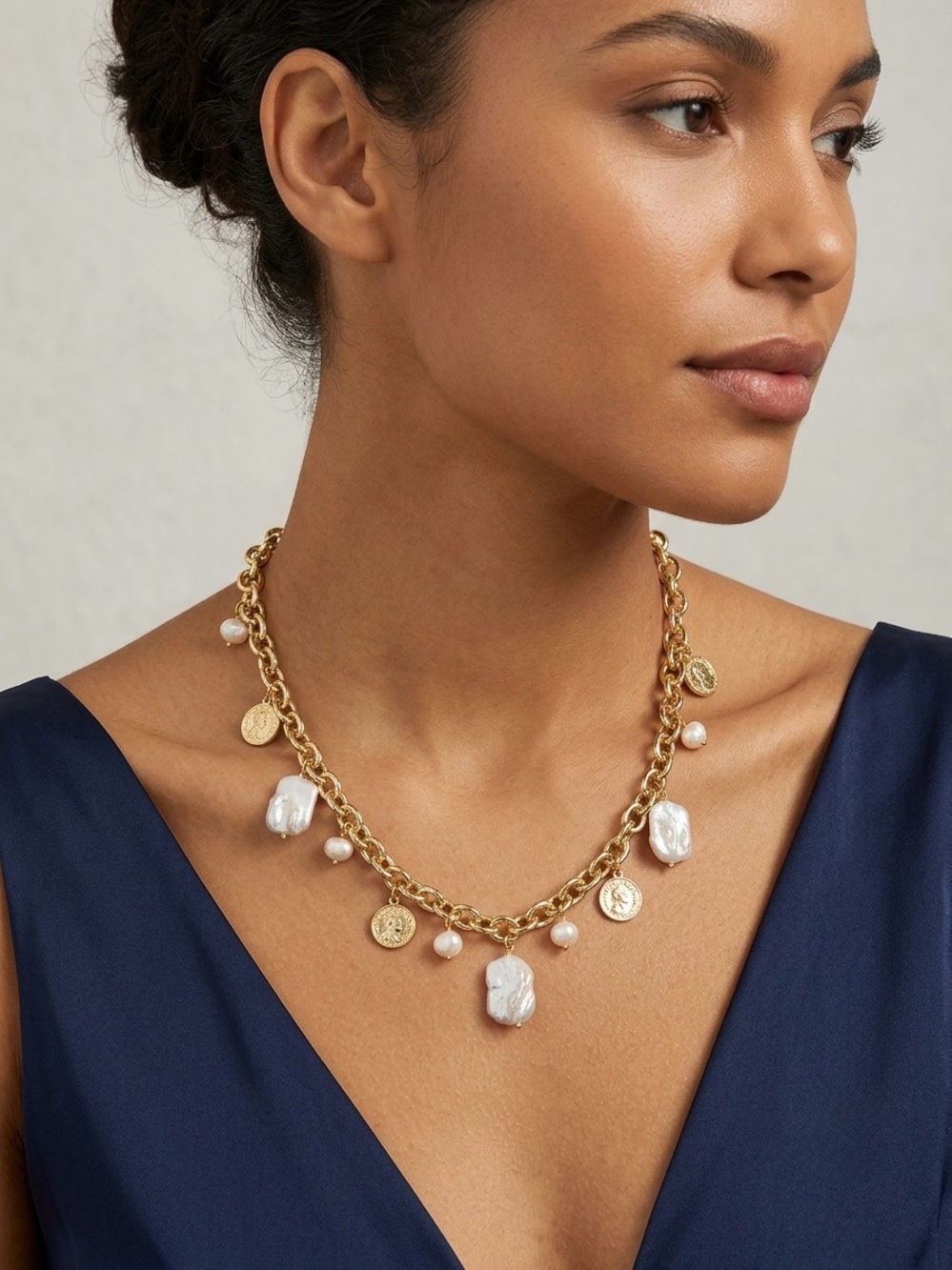 71: Gold Chain Necklace with Baroque Pearl and Coin Charms